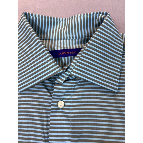 Kuhlman Shirt Mens 42 Button Front Casual Cotton Brown GreenBlue‎ Striped Turkey - Picture 5 of 14